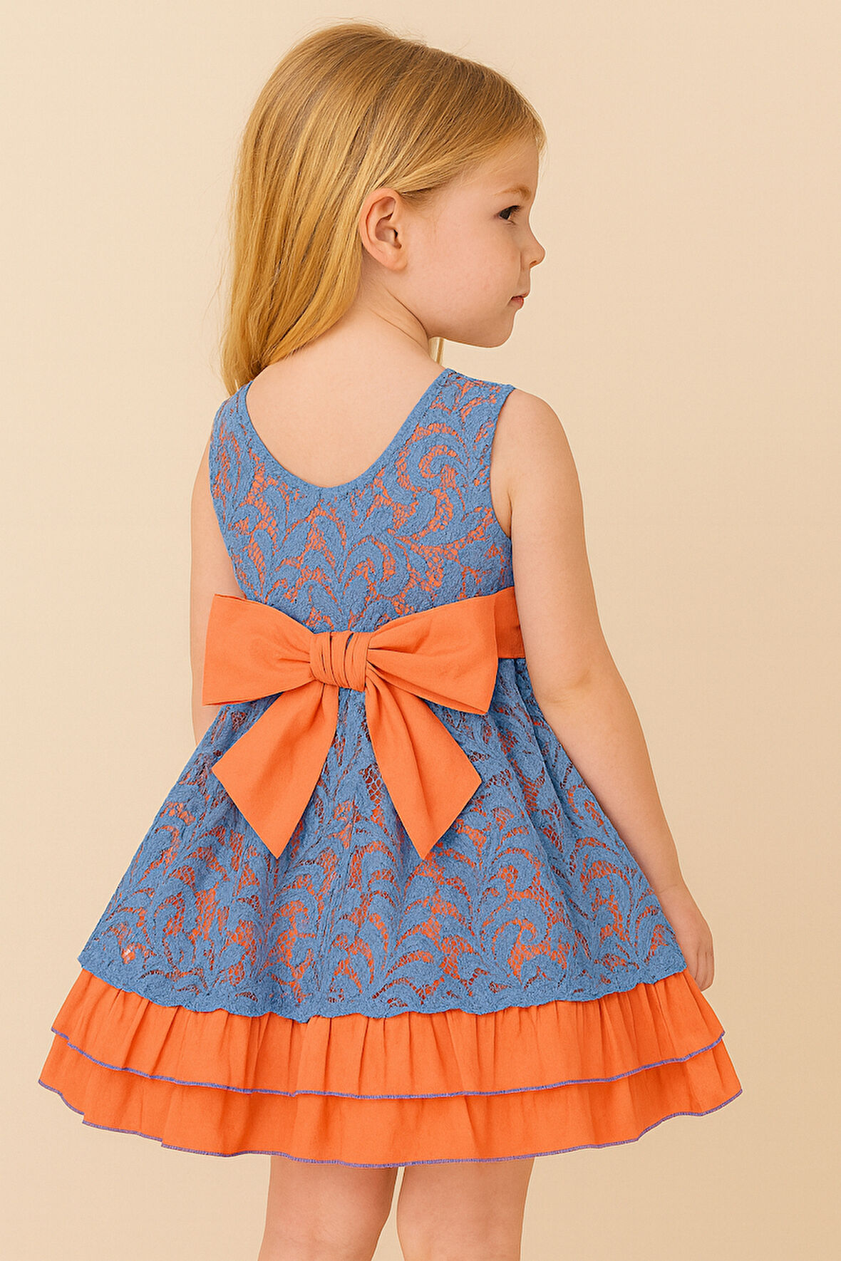 Kız Çocuk Dantel Fiyonk Detaylı Elbise – Mavi & Turuncu (1 - 6 Yaş )