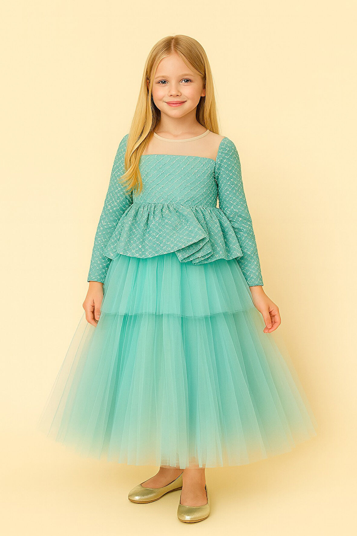Kız Çocuk Simli Tüllü Abiye Elbise – Turkuaz