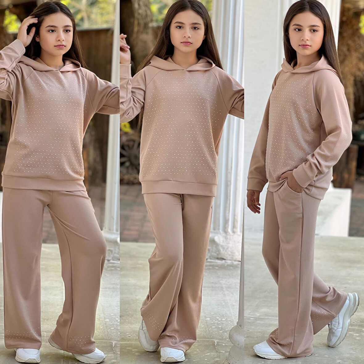 Taşlı Detaylı Kapüşonlu Kız Çocuk Eşofman Takımı – 6/16 Yaş (31494)