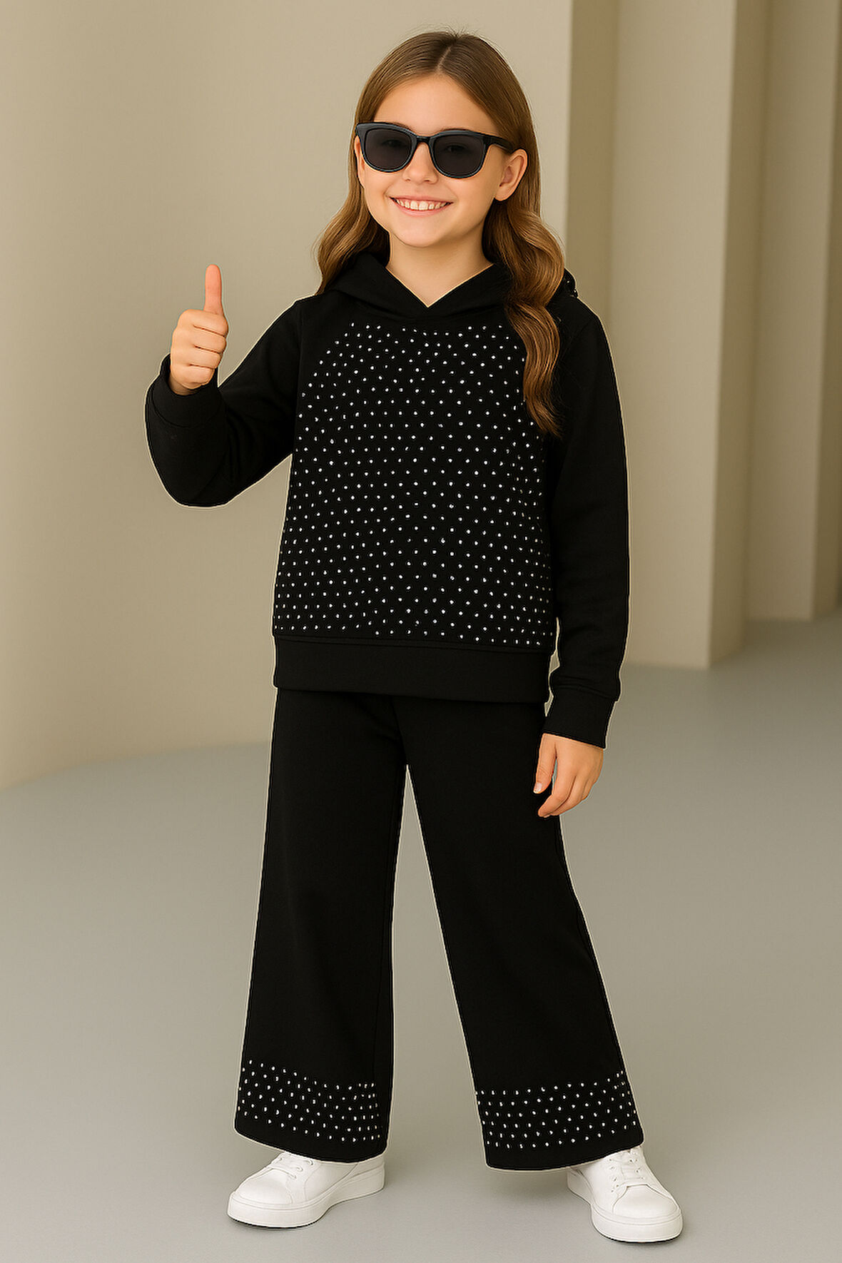 Taşlı Detaylı Kapüşonlu Kız Çocuk Eşofman Takımı – 6/16 Yaş (31494)