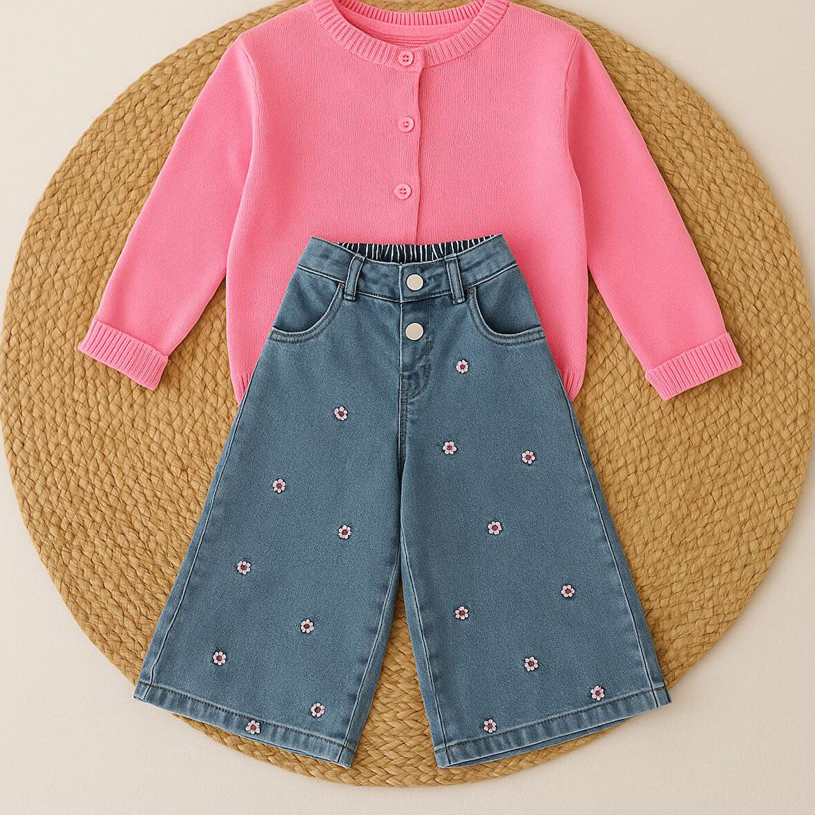 Çiçek Detaylı Kot Pantolon & Triko Ceketli Takım - 2/10 Yaş - 31498