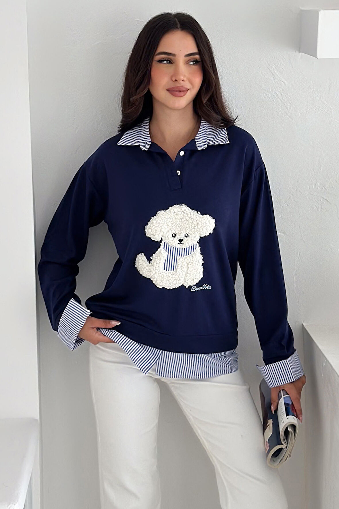 Kadın Nakış Peluş Ayıcık Figürlü Sweatshirt – Eğlenceli & Şehirli Stil