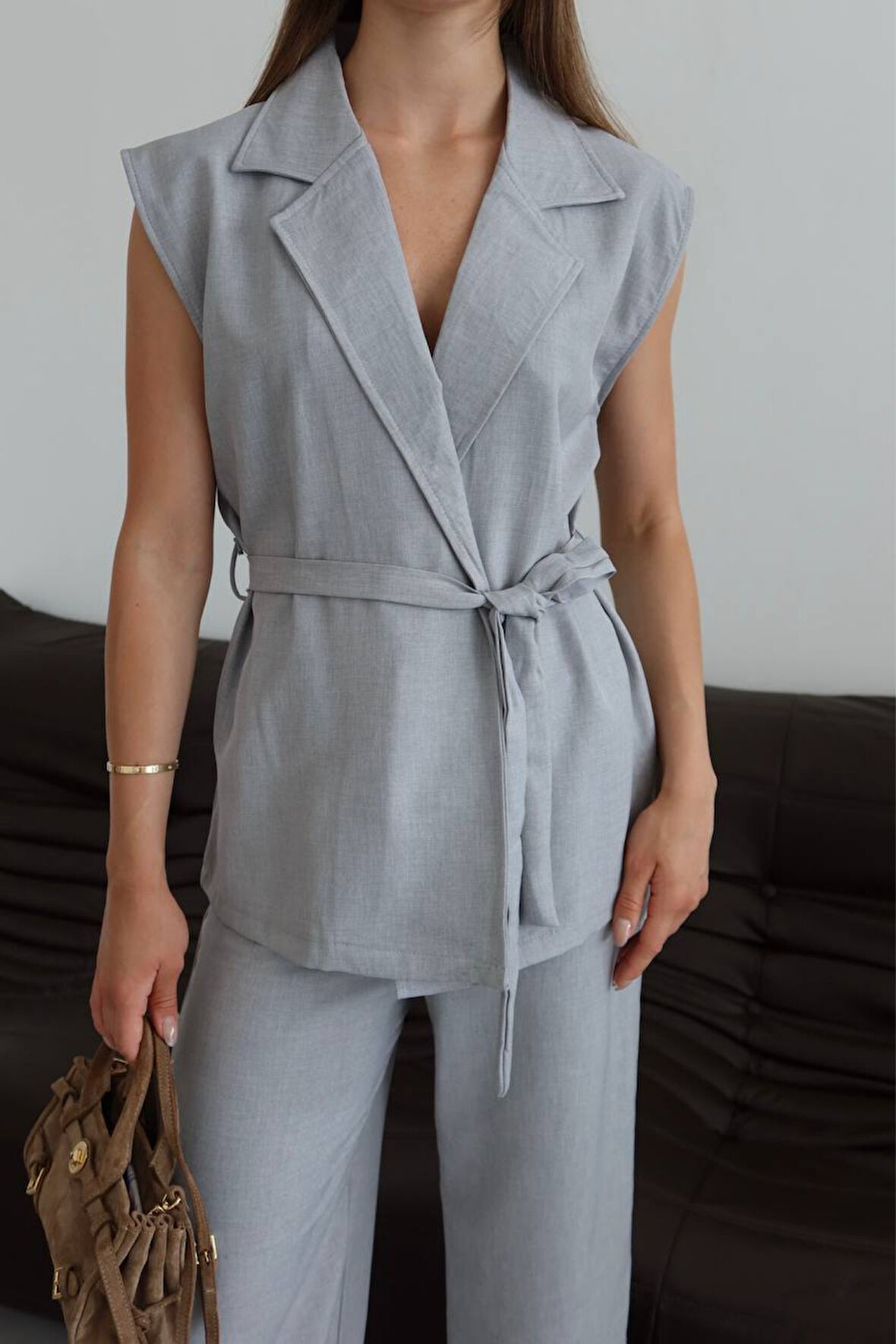 Balenbi Kadın Kuşaklı Yelek Palazzo Keten Takım 1097