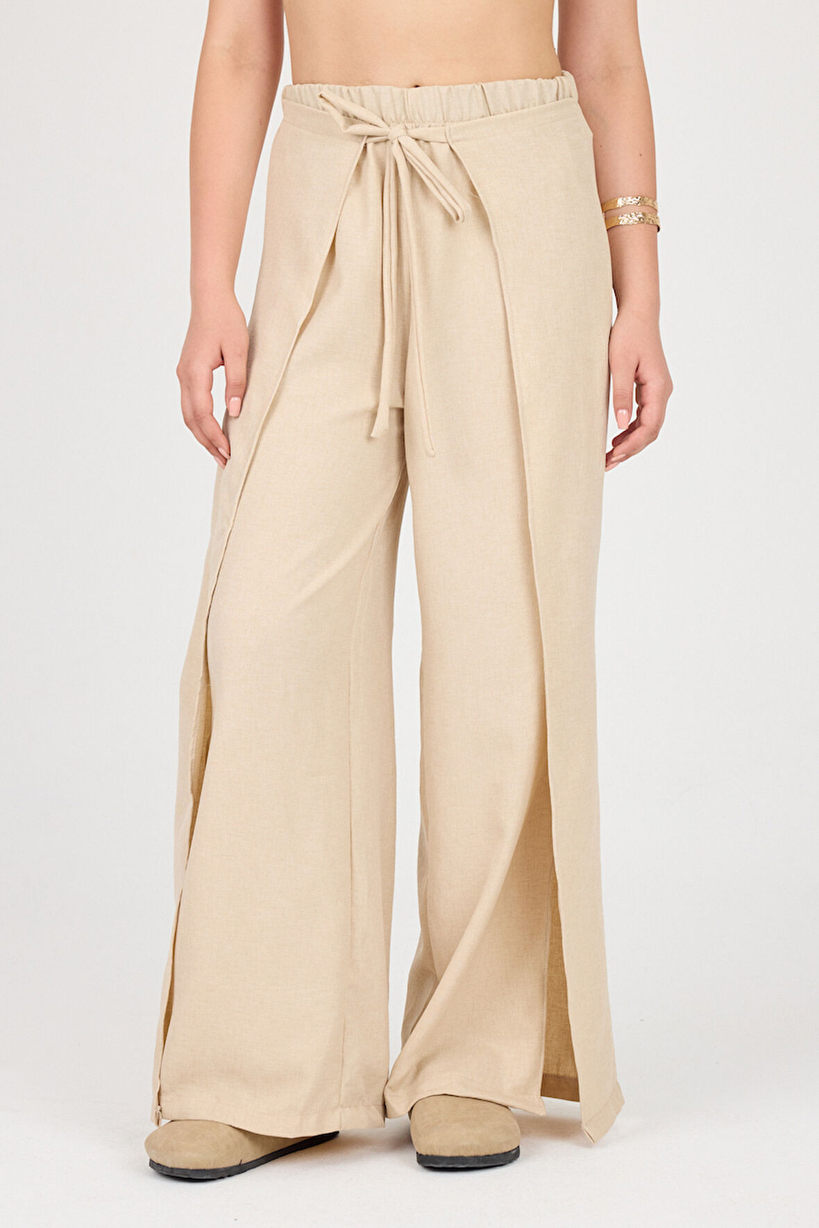 Bağlama Detaylı Yırtmaçlı Keten Şalvar Pantolon