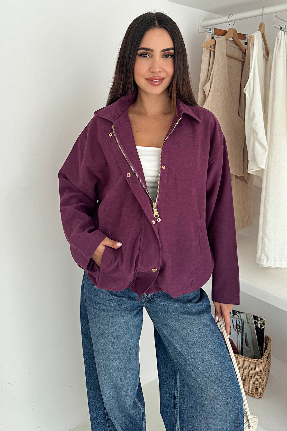 Kadın Fermuarlı Altın Düğmeli Mont– Structured Style