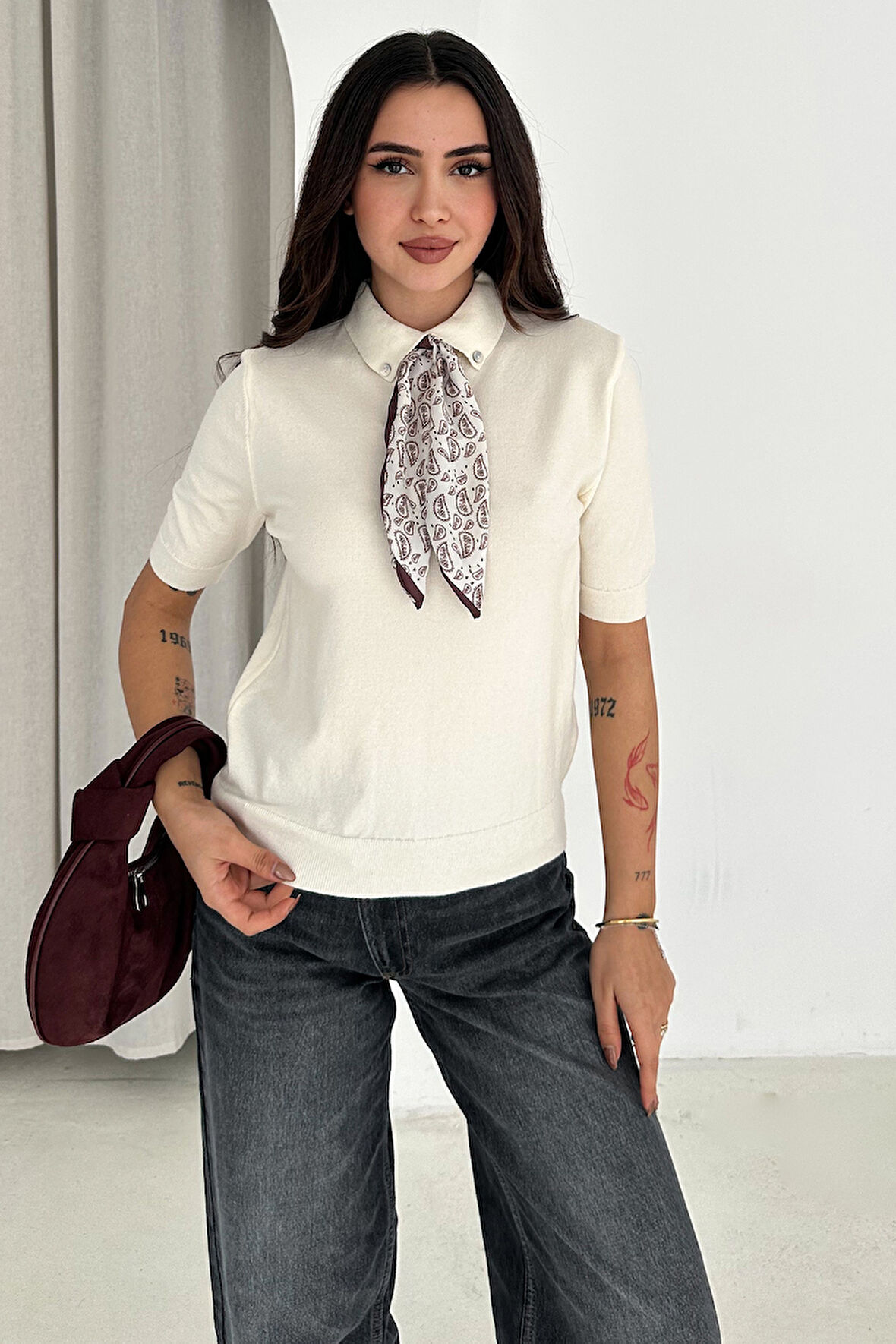 Kadın Polo Yaka Düğmeli Fular Detay Triko Kazak – Retro Accent