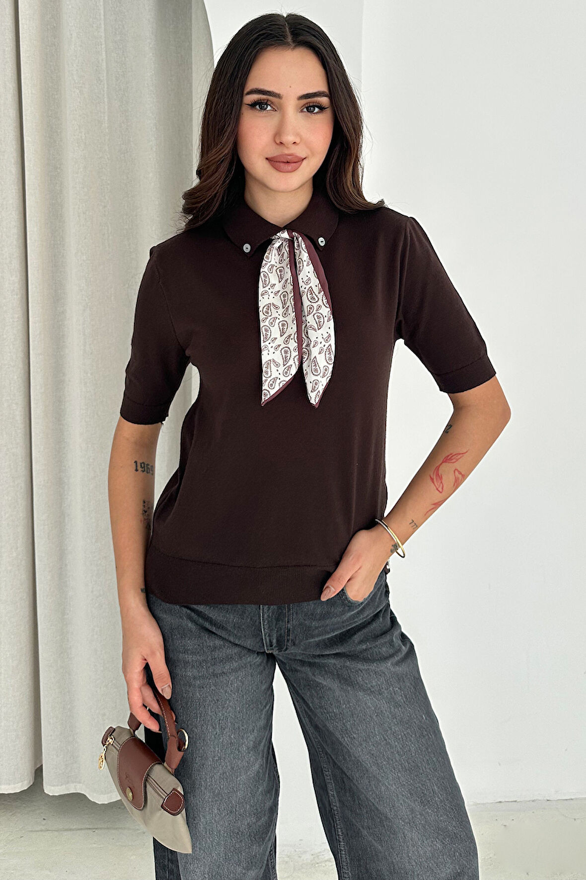Kadın Polo Yaka Düğmeli Fular Detay Triko Kazak – Retro Accent