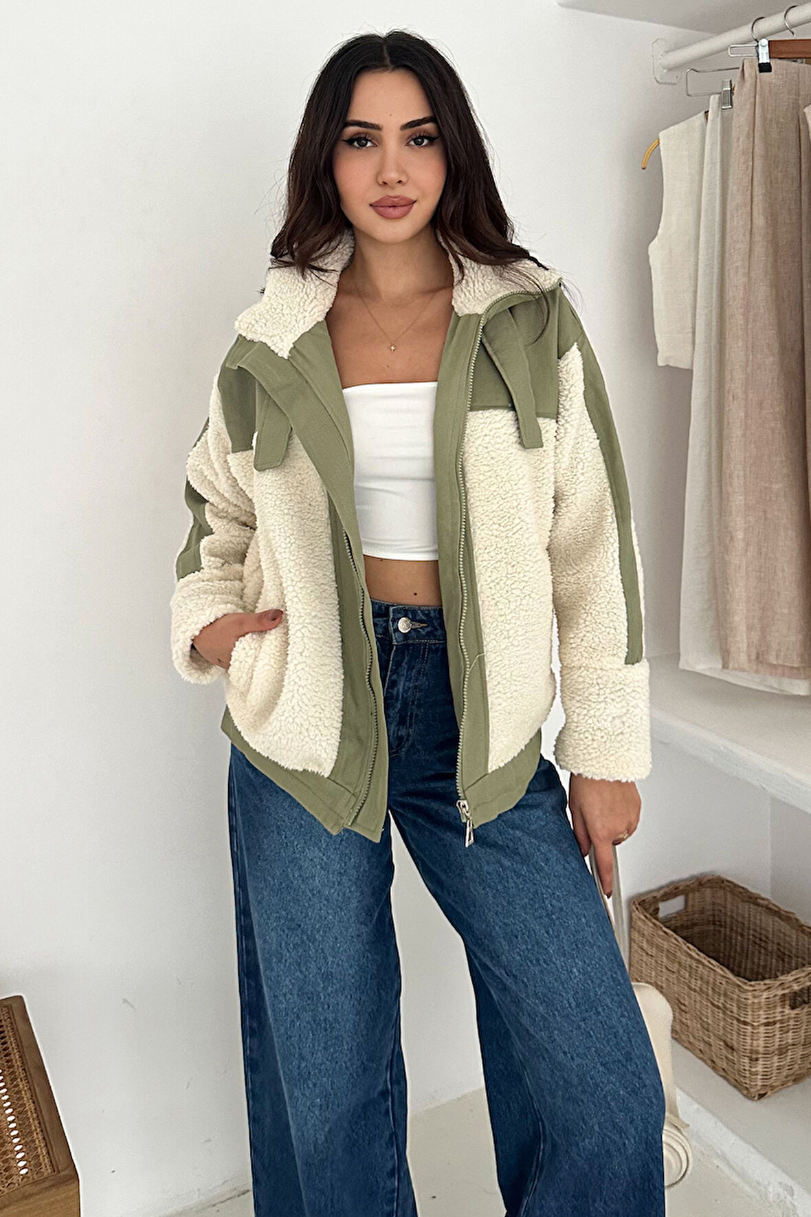 Kadın Renk Bloklu Fermuarlı Sherpa Mont – Cozy Contrast