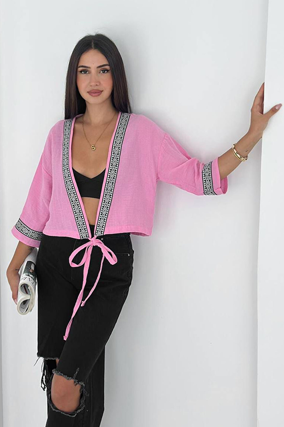 Kadın Bağlamalı Dekor Şeritli Crop Top Gömlek– Street Muse