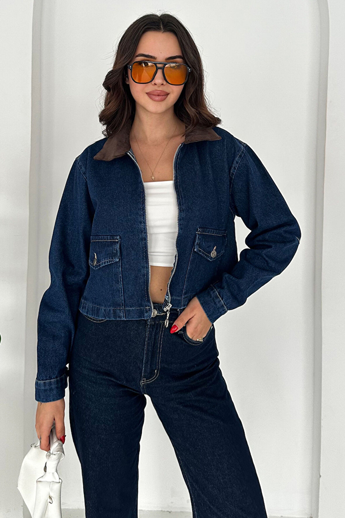 Kadın Kadife Yakalı Fermuarlı Denim Ceket – Retro Core