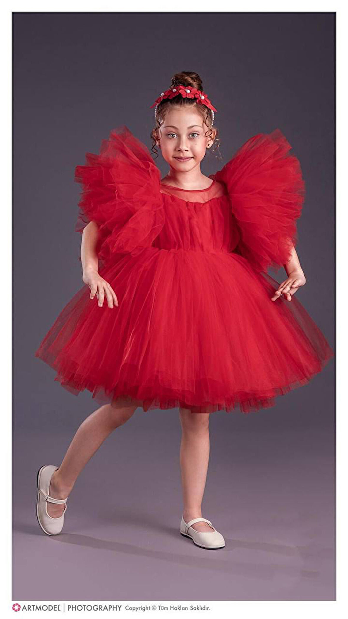 Kol Kabartmalı Kız Çocuk Abiye Elbise ve Taç - 3/10 Yaş - 31537