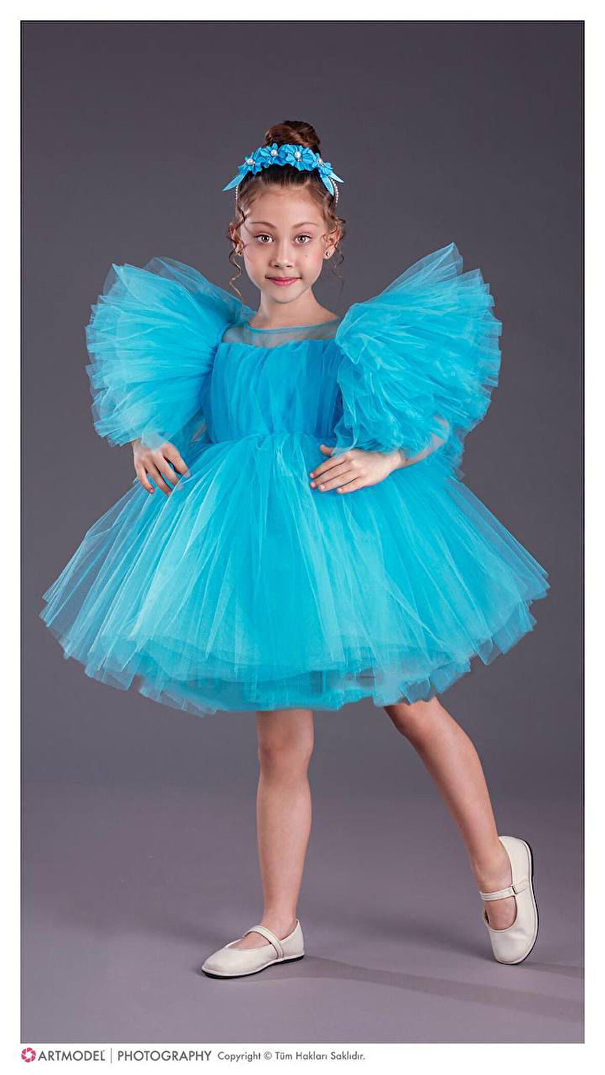 Kol Kabartmalı Kız Çocuk Abiye Elbise ve Taç - 3/10 Yaş - 31537