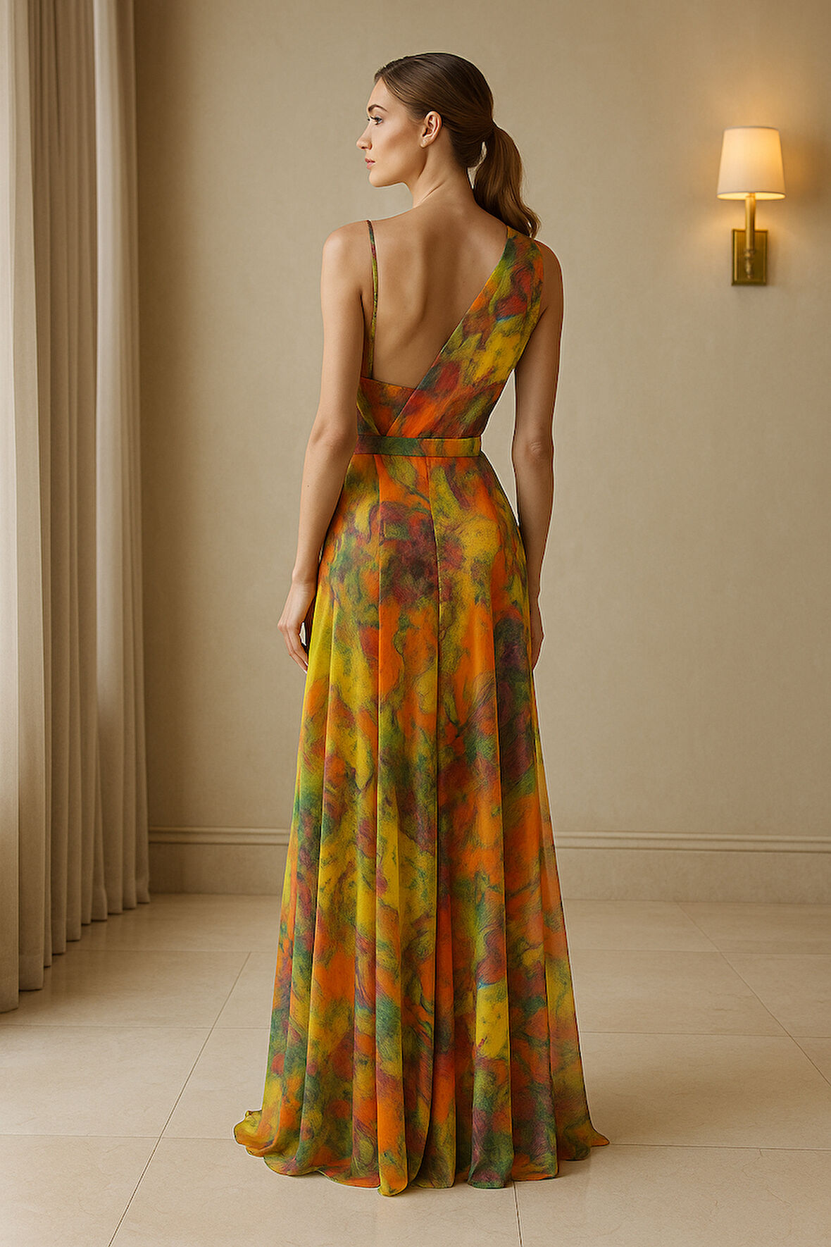 V Yaka Tek Omuz Renkli Desenli Tül Abiye Elbise