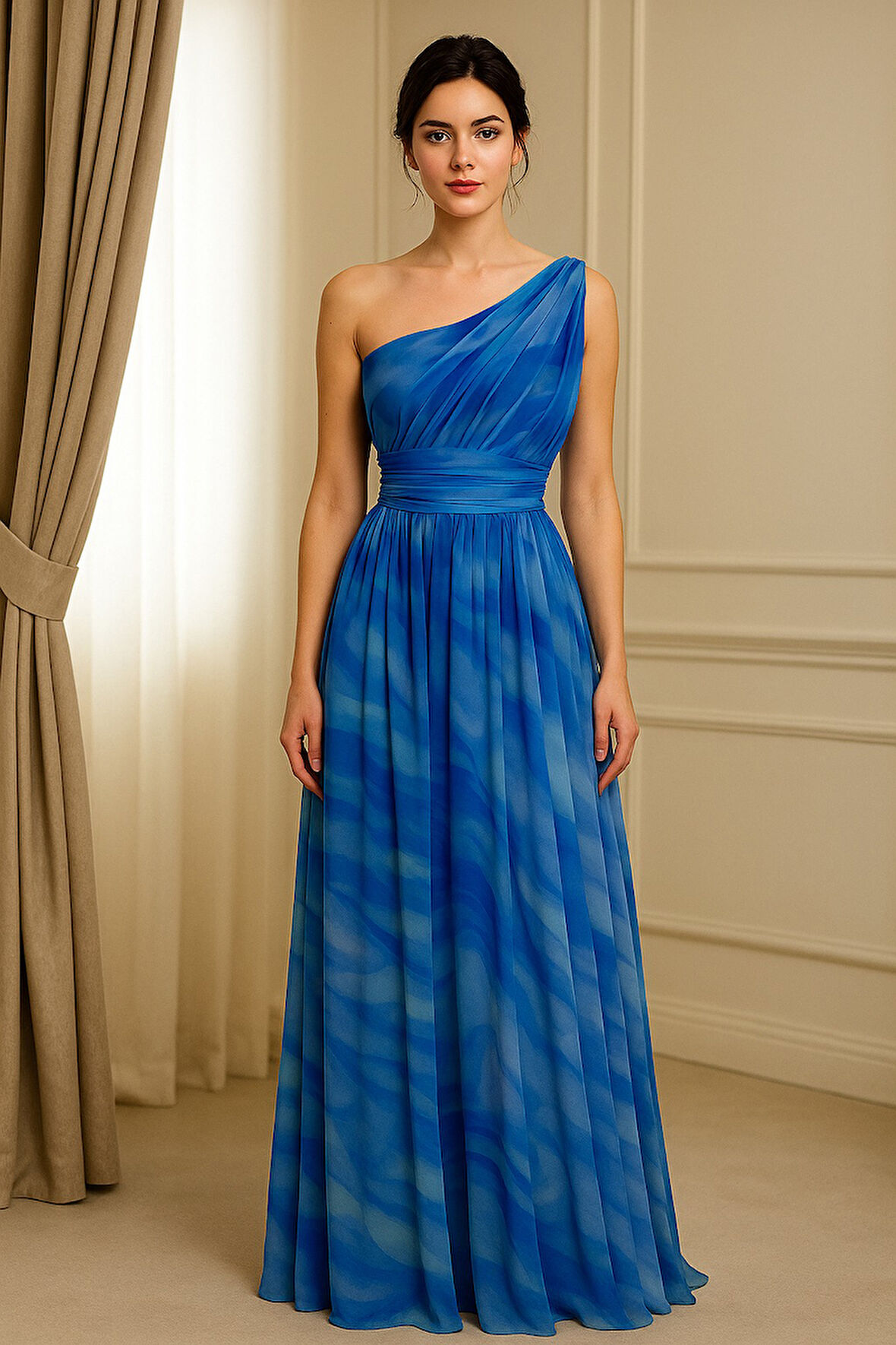 Tek Omuz Desenli Tül Abiye Elbise