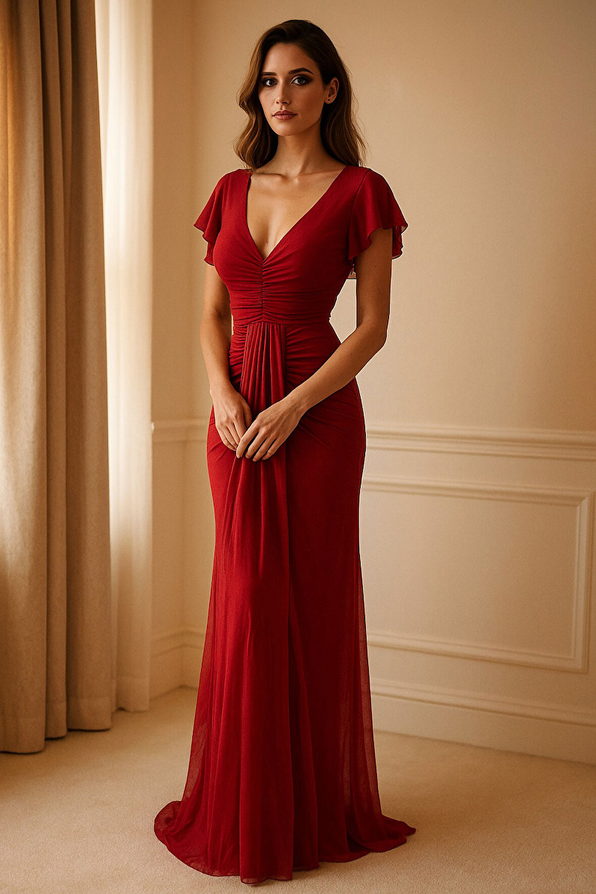 Derin V Yaka Drapeli Fular Detay Tül Abiye Elbise