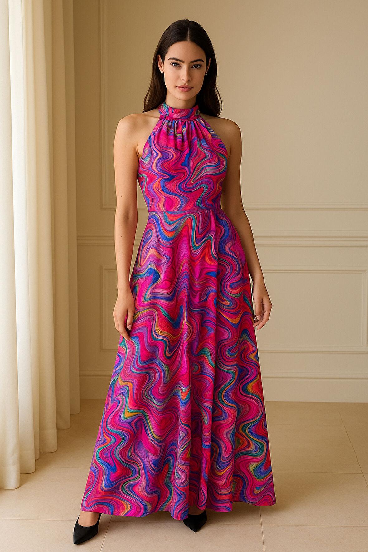 Halter Yaka Tül Detaylı Uzun Abiye Elbise