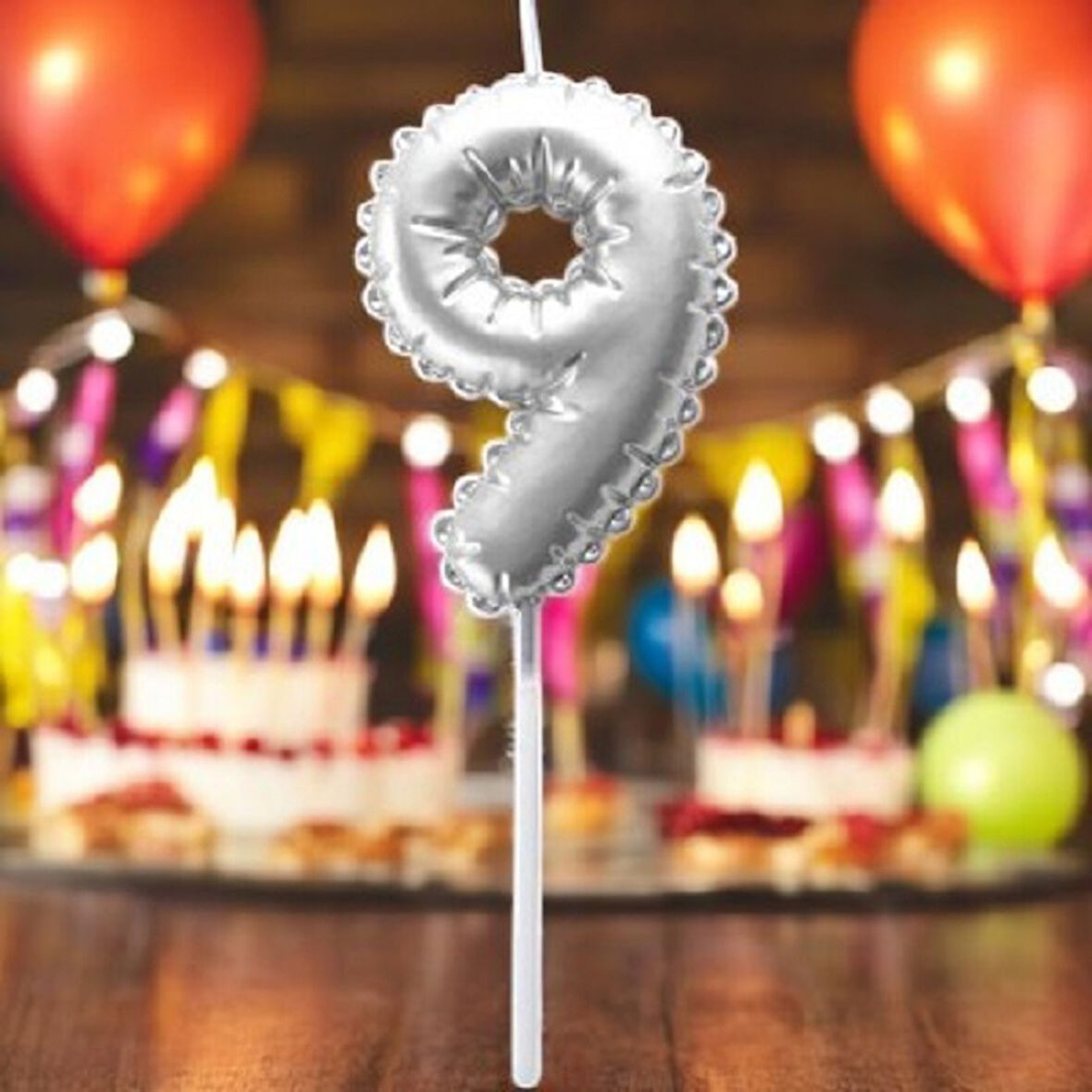 GÜMÜŞ DOĞUM GÜNÜ BALON ŞEKLİNDE MUM PASTA MUMU 9 NUMARA