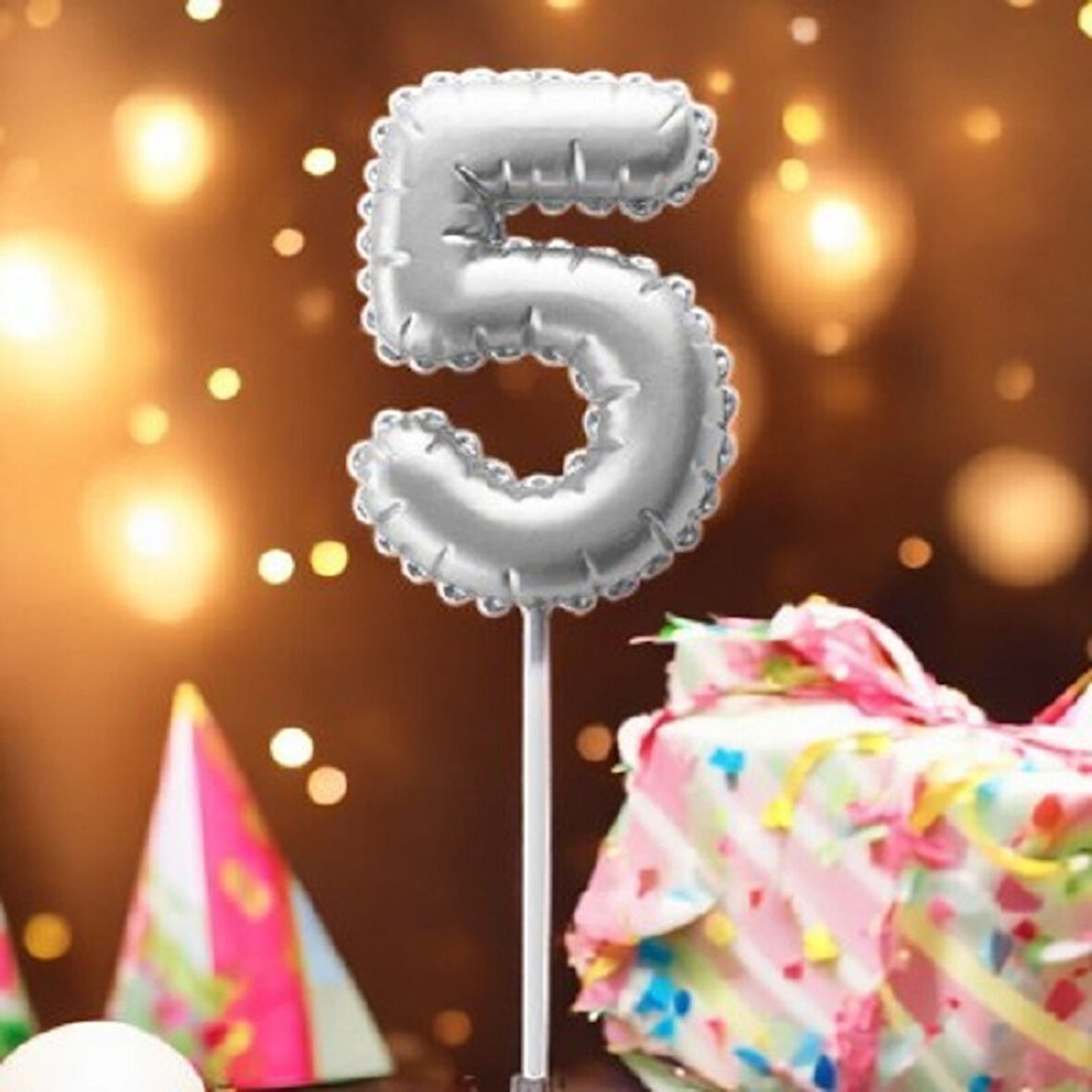 GÜMÜŞ DOĞUM GÜNÜ BALON ŞEKLİNDE MUM PASTA MUMU 5 NUMARA