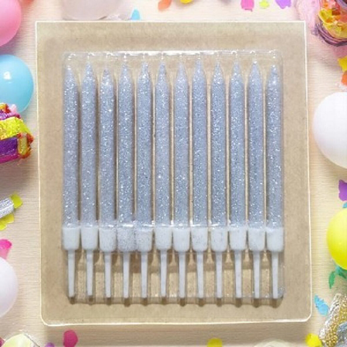DOĞUM GÜNÜ PASTA MUMU GÜMÜŞ 12 ADET SİMLİ  MUM 10 CM KUTLAMA MUMU