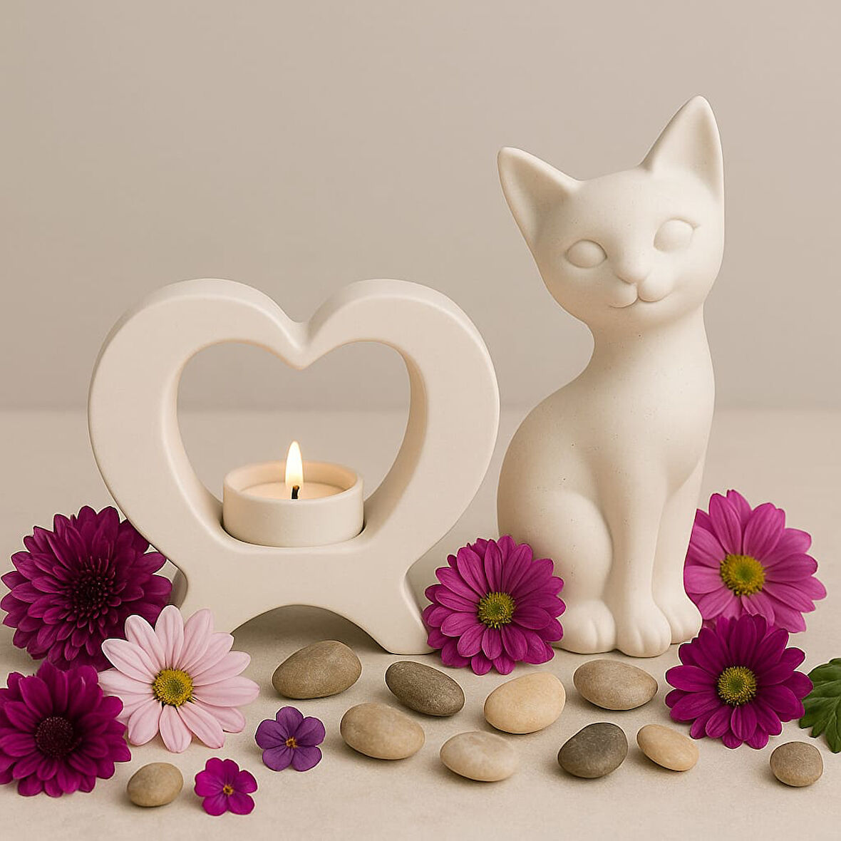 Kedi ve Kalp Şeklinde Biblo – El Yapımı Dekoratif Obje