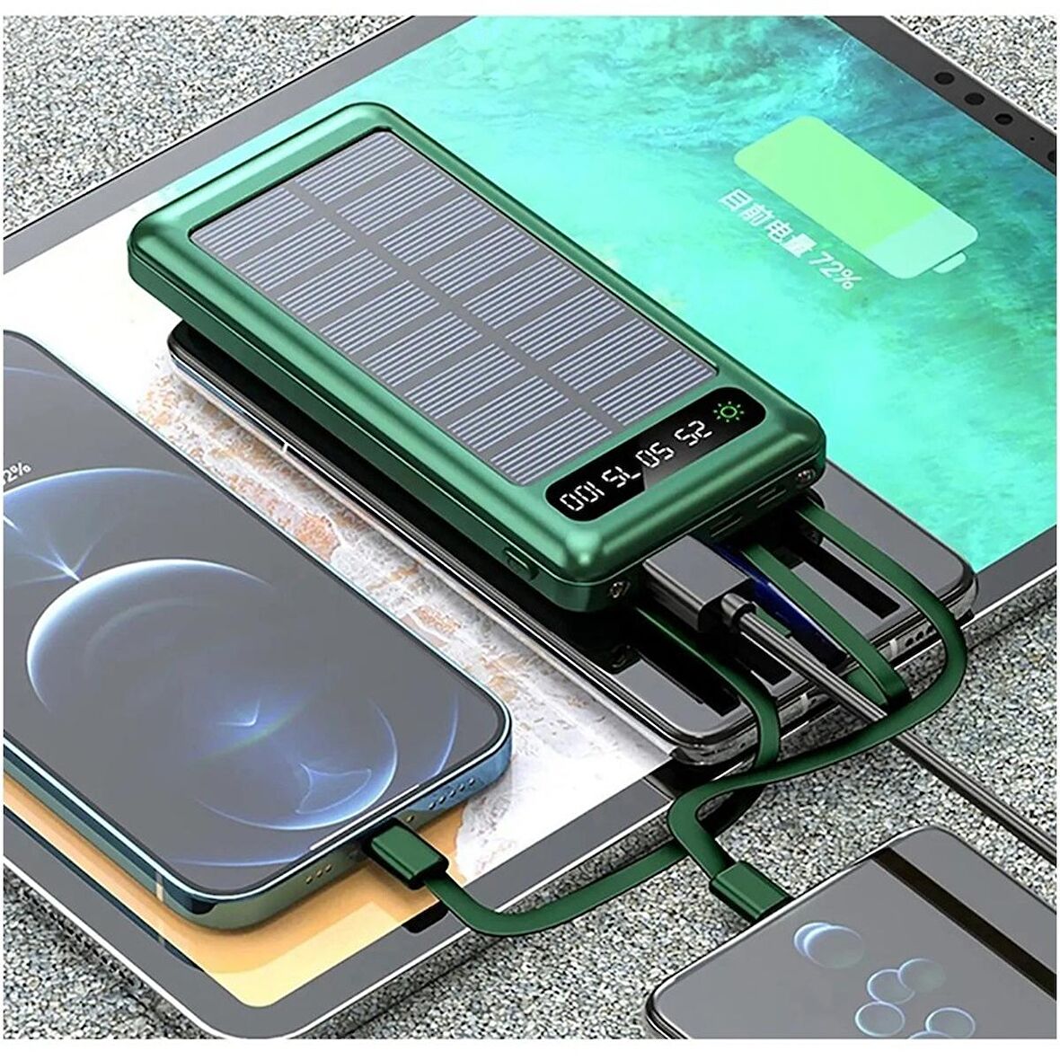 Güneş Enerjili Solar Panelli Powerbank 20000mah Led Işıklı Taşınabilir Şarj Aleti