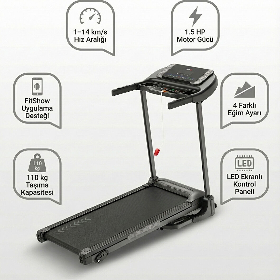 Katlanabilir Uygulamalı Dijital Koşu & Yürüyüş Bandı – 1.5 HP Motor, 4 Kademeli Eğim