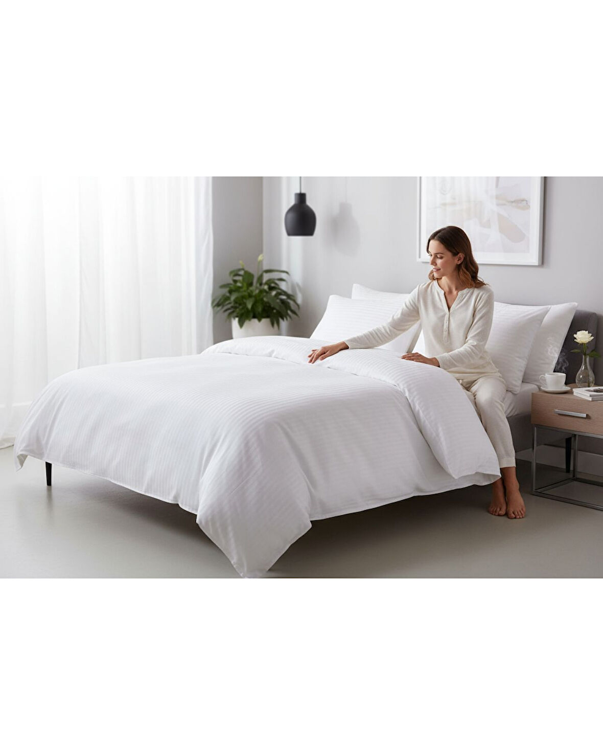 Nivora Çizgili Pamuk Saten Nevresim Takımı | Çift Kişilik Premium | 83 Tel Otel Serisi | King Size 220x230