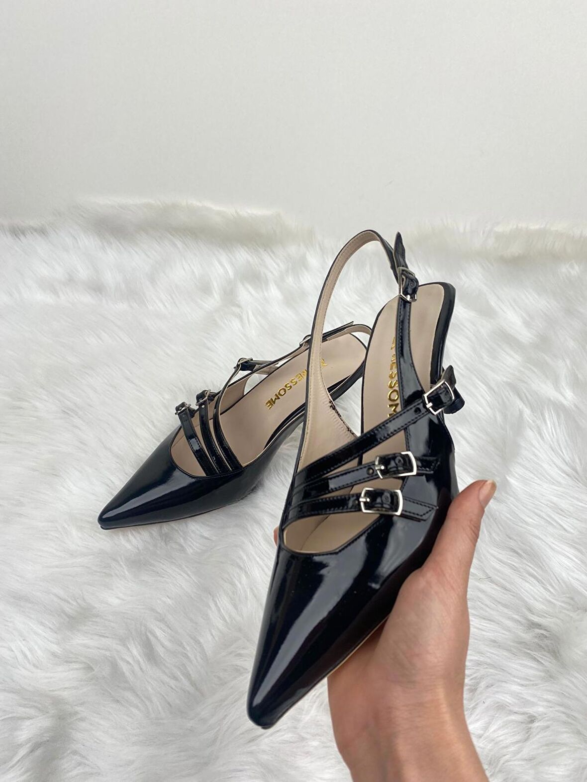 Ressome Kadın Bella Model Üç Kemerli Siyah Stiletto