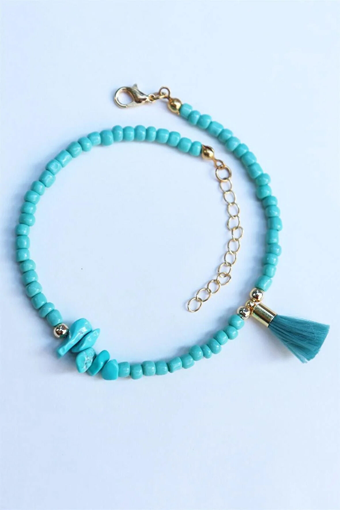 Turkuaz Püskül Detaylı Boncuk Bileklik