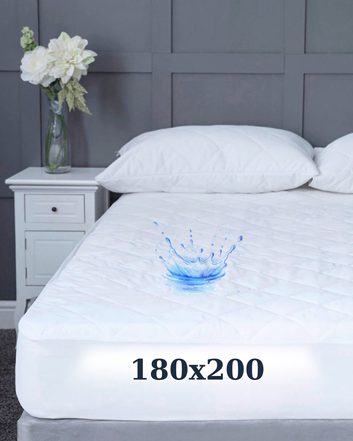 Çift Kişilik 180x200 Su Geçirmez Fitted Lastikli Yatak Koruyucu Alez | Kapitone Silikon Elyaf