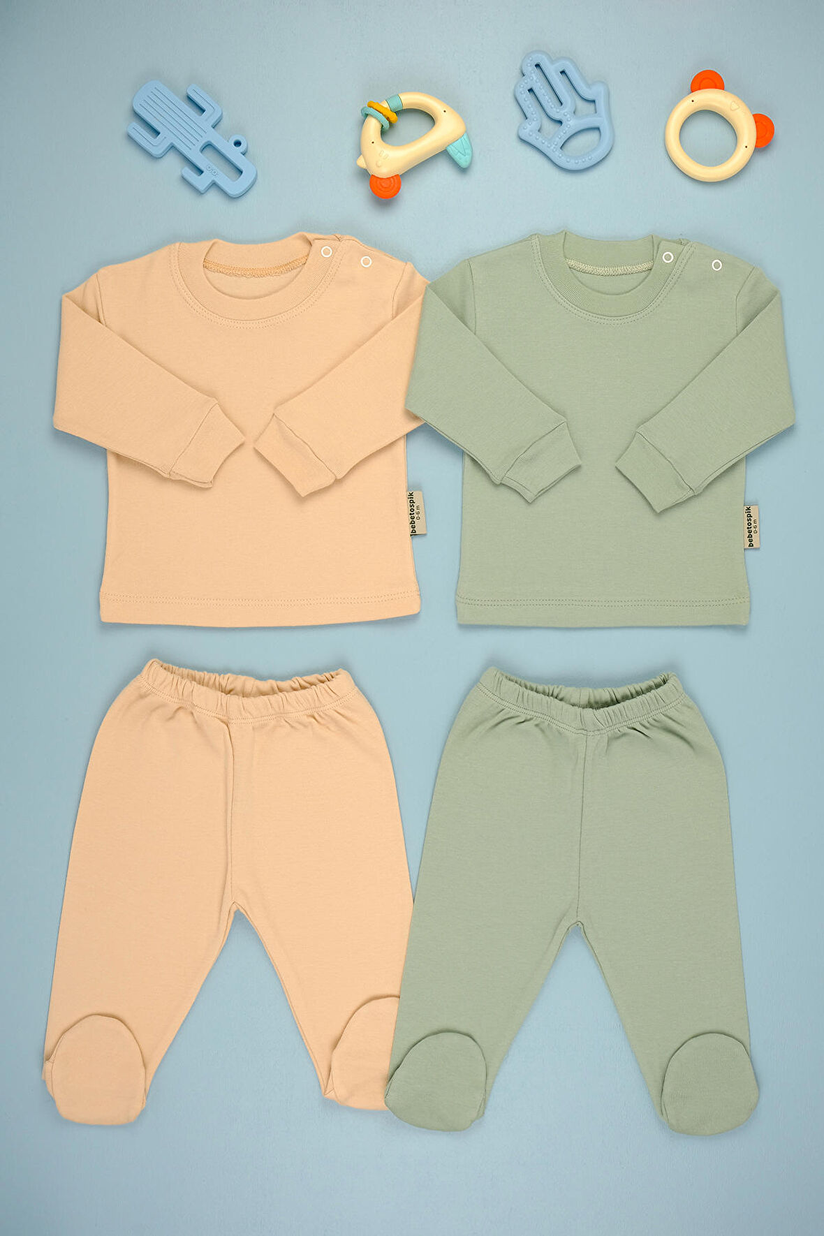 Pamuklu Yumuşak Kız - Erkek Bebek Uzun Kollu Omuz ÇıtÇıt Patikli 2'li Takım