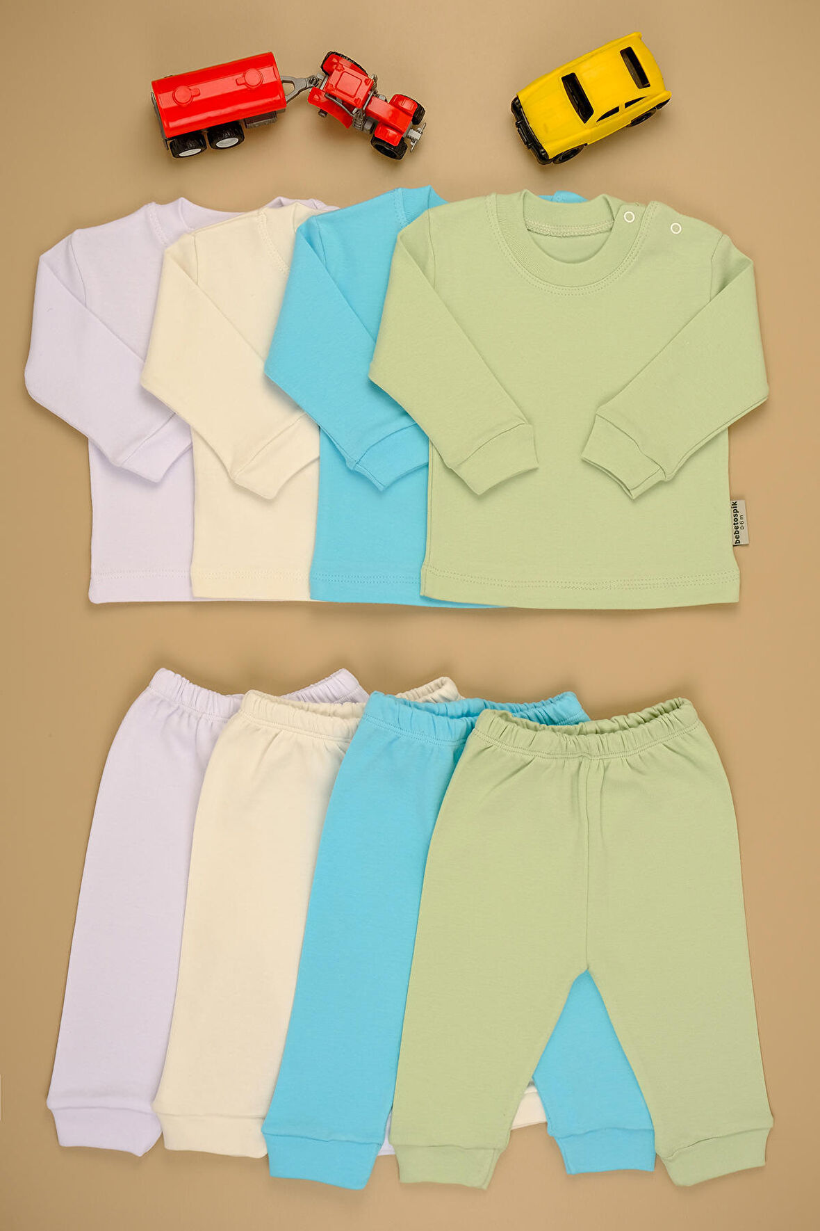 Pamuklu Yumuşak Kız - Erkek Bebek Uzun Kollu Omuz ÇıtÇıt Patikli 4'lu Takım