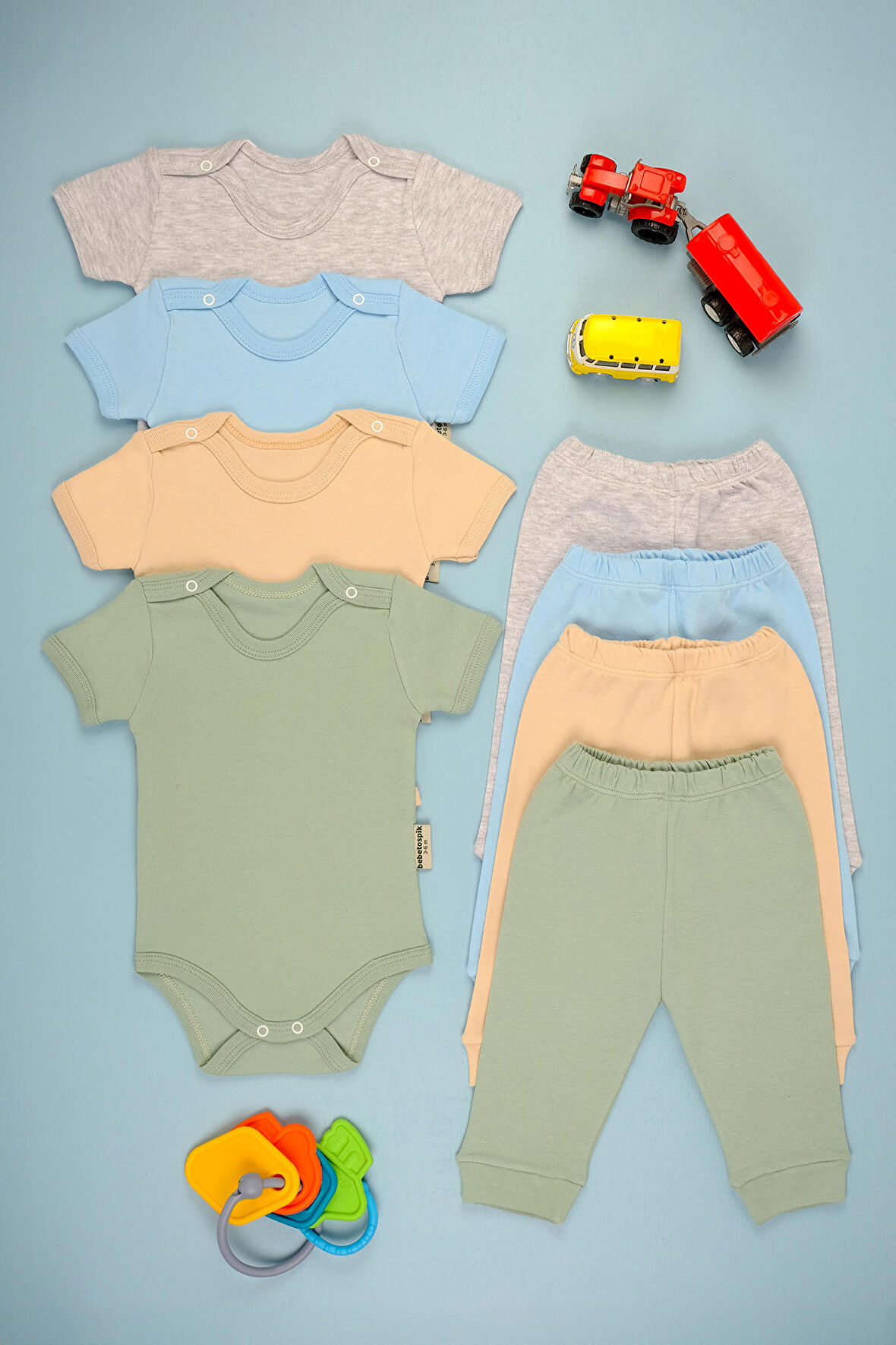 Pamuklu Yumuşak Kız - Erkek Bebek Kısa Kollu Omuz ÇıtÇıt 4'lu Takım