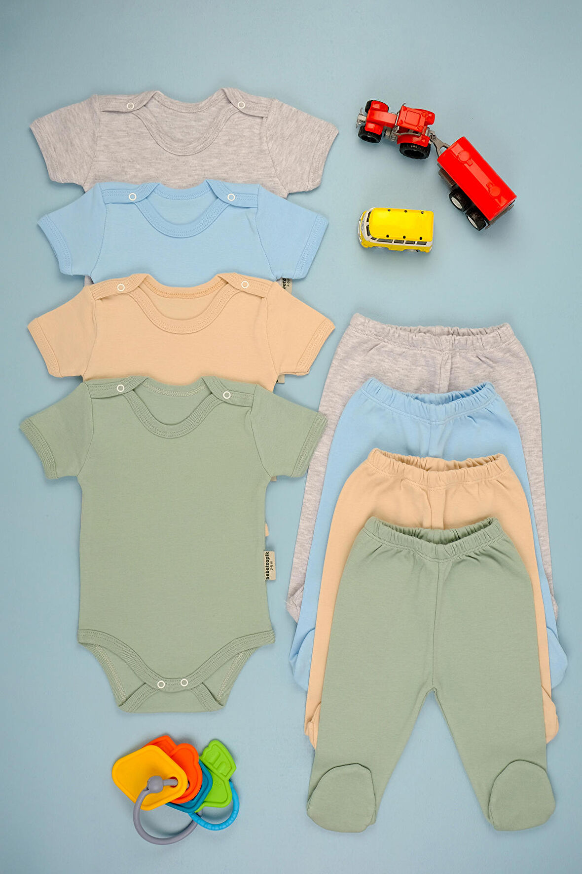 Pamuklu Yumuşak Kız - Erkek Bebek Kısa Kollu Omuz ÇıtÇıt Patikli 4'lu Takım