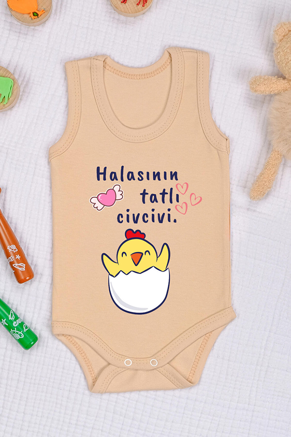 Pamuklu Halasının Tatlı Civcivi Baskılı Çıtçıt Body Zıbın