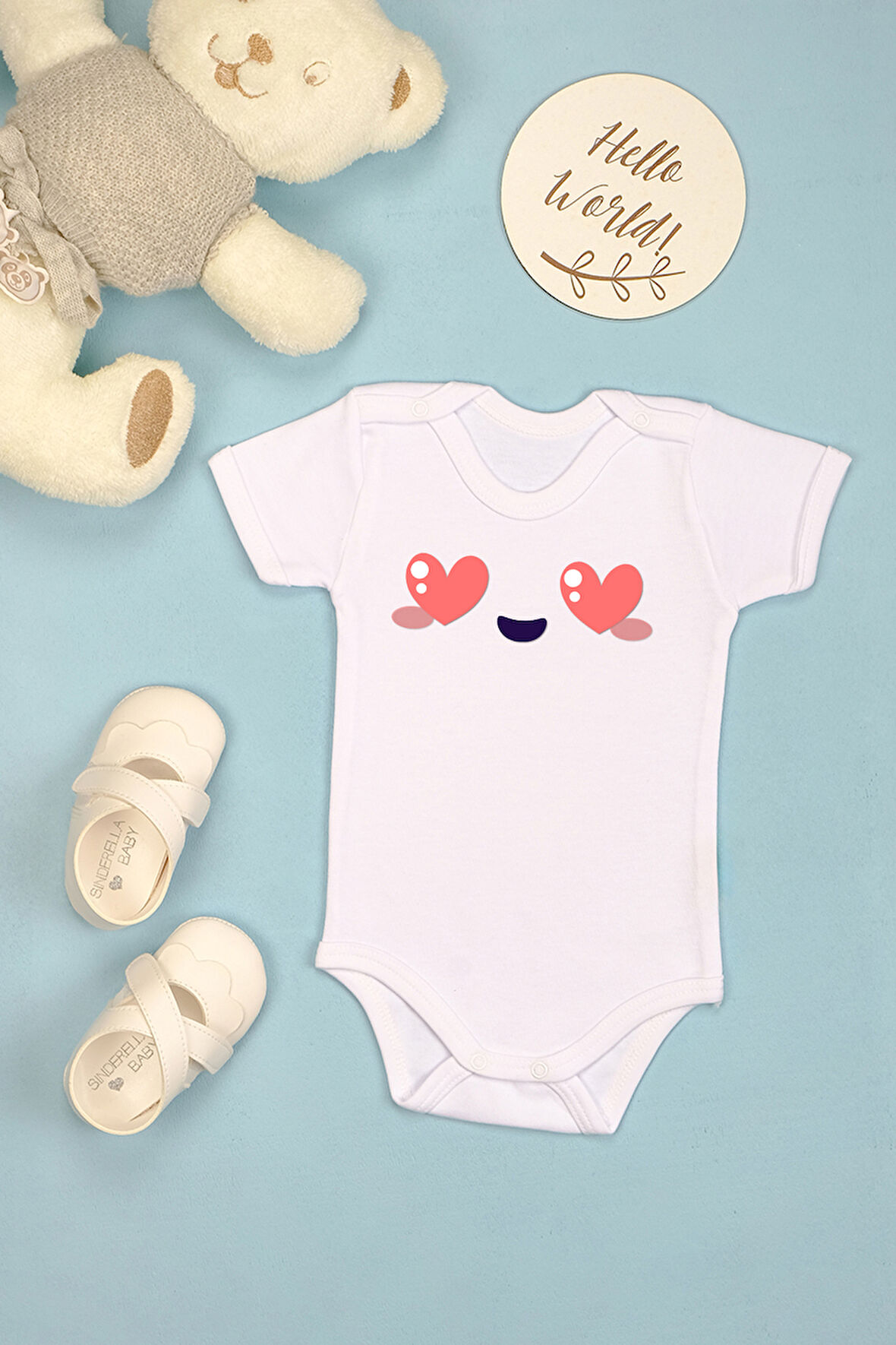 Pamuklu Kalp Göz Baskılı Kısa Kollu Çıtçıt Body Zıbın