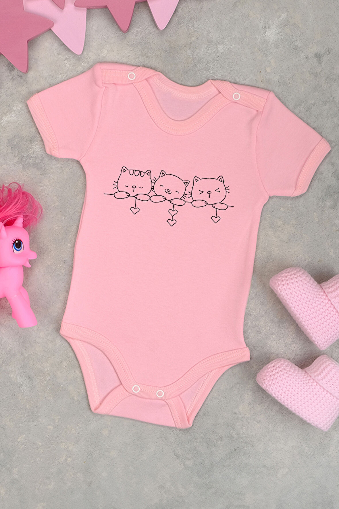 %100 Pamuk Sevimli Kedi Baskılı Omuz Çıt Çıt Zıbın