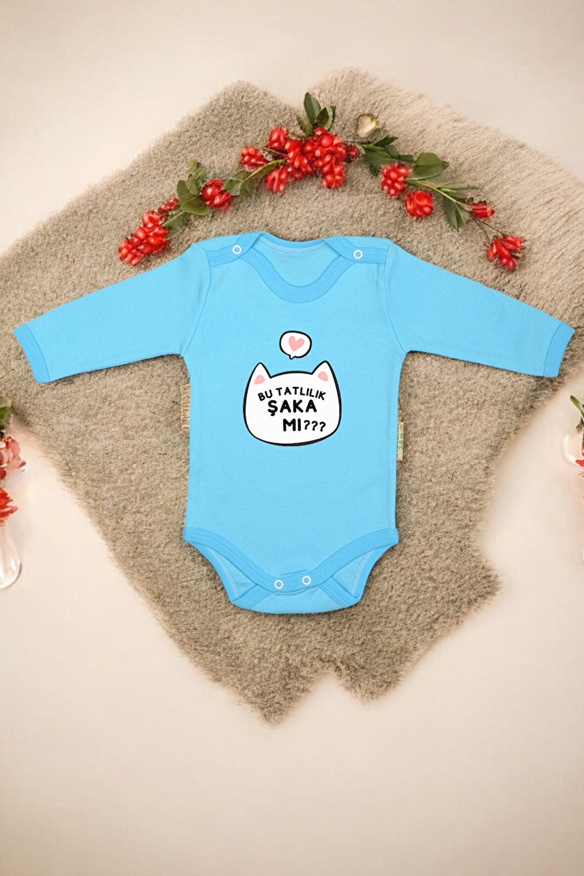 %100 Pamuk Bu Tatlılık Şaka mı Baskılı Omuz Çıt Çıt Zıbın