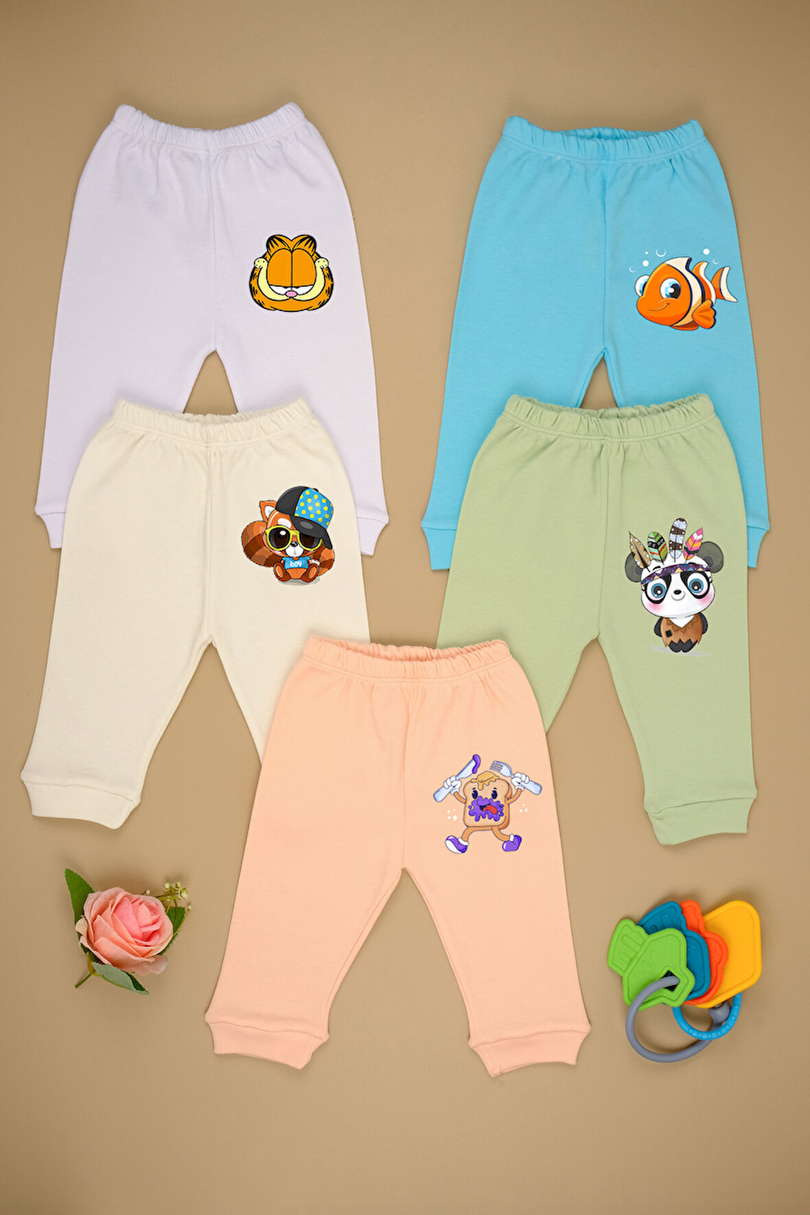 %100 Pamuk Figür Baskılı Yumuşak Dokulu 5'li Bebek Alt