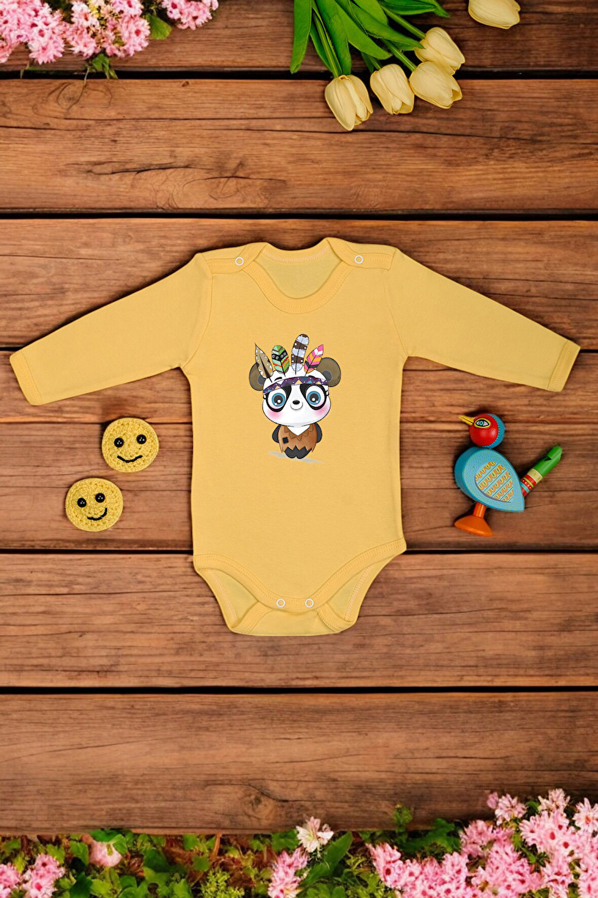 %100 Pamuklu Şaşkın Panda Baskılı Yumuşak Doku Baskılı Zıbın & Body