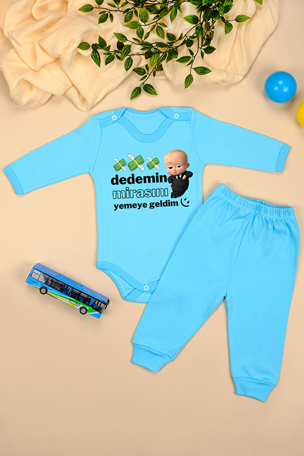 %100 Pamuklu Dedemin Mirasını Yemeye Geldim Baskılı Kız - Erkek Bebek & Çocuk Takım