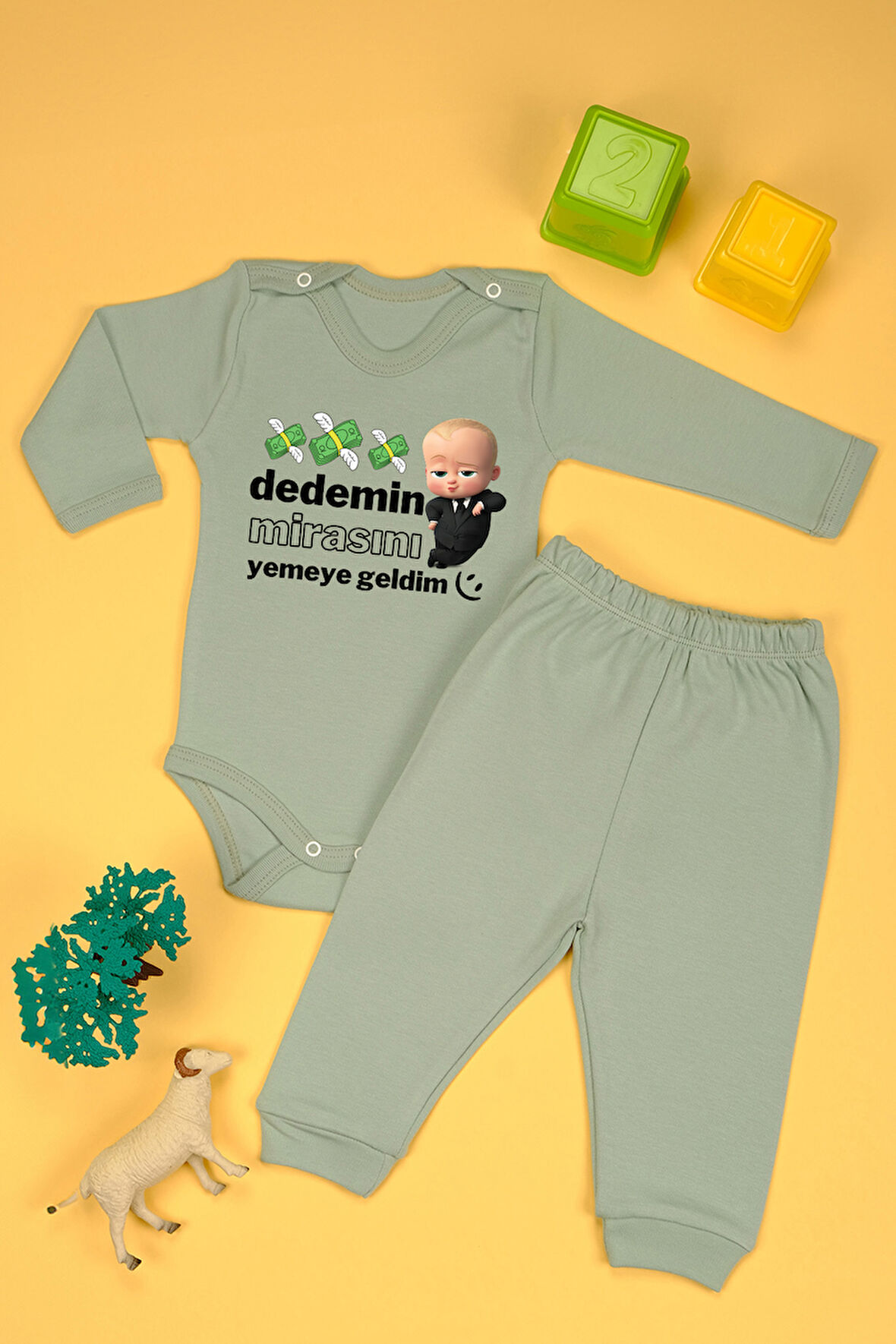 %100 Pamuklu Dedemin Mirasını Yemeye Geldim Baskılı Kız - Erkek Bebek & Çocuk Takım