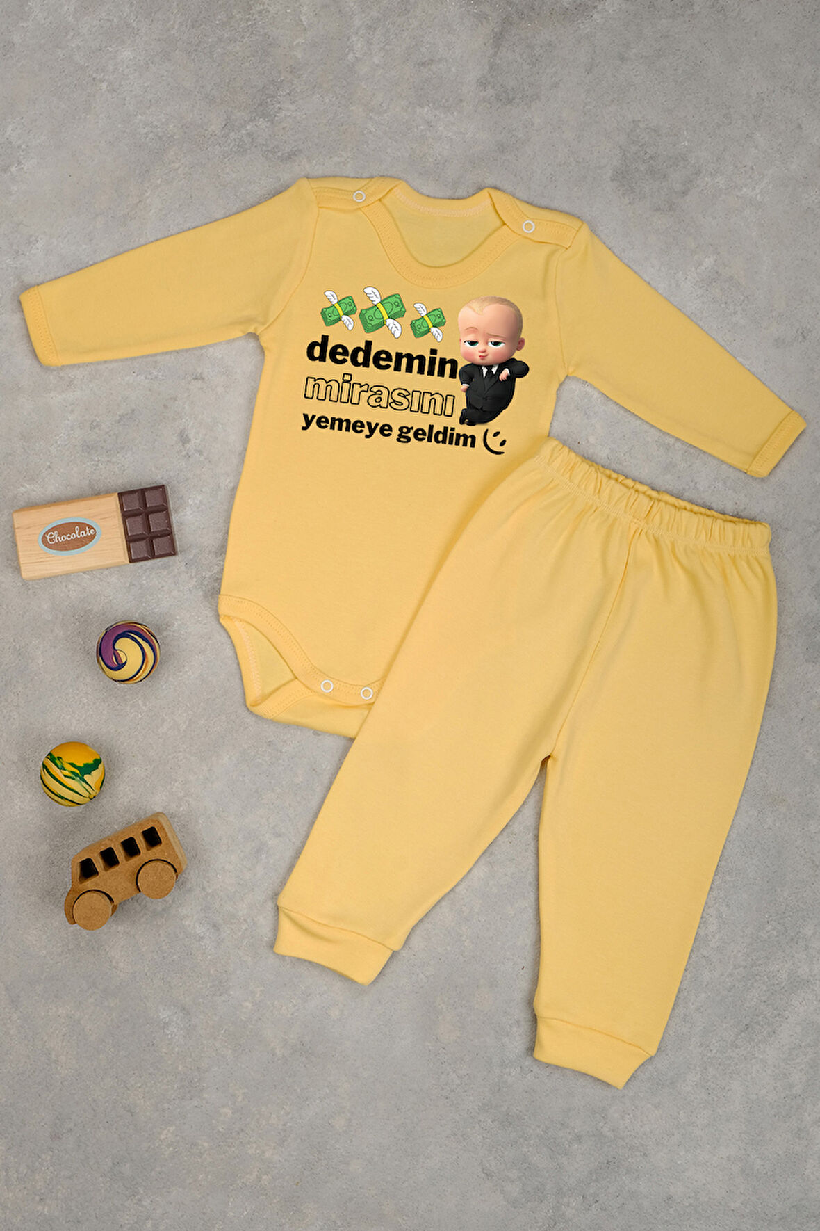 %100 Pamuklu Dedemin Mirasını Yemeye Geldim Baskılı Kız - Erkek Bebek & Çocuk Takım