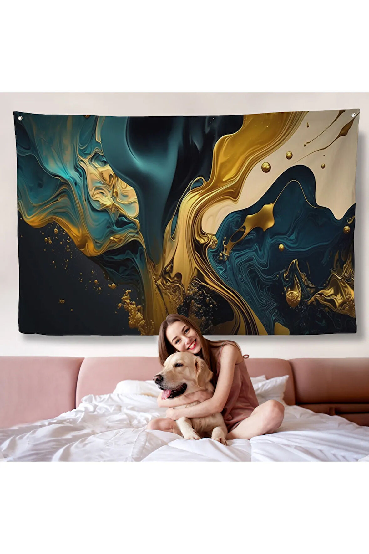 Altın ve Mavi Boya Akıntı Duvar Örtüsü-7234