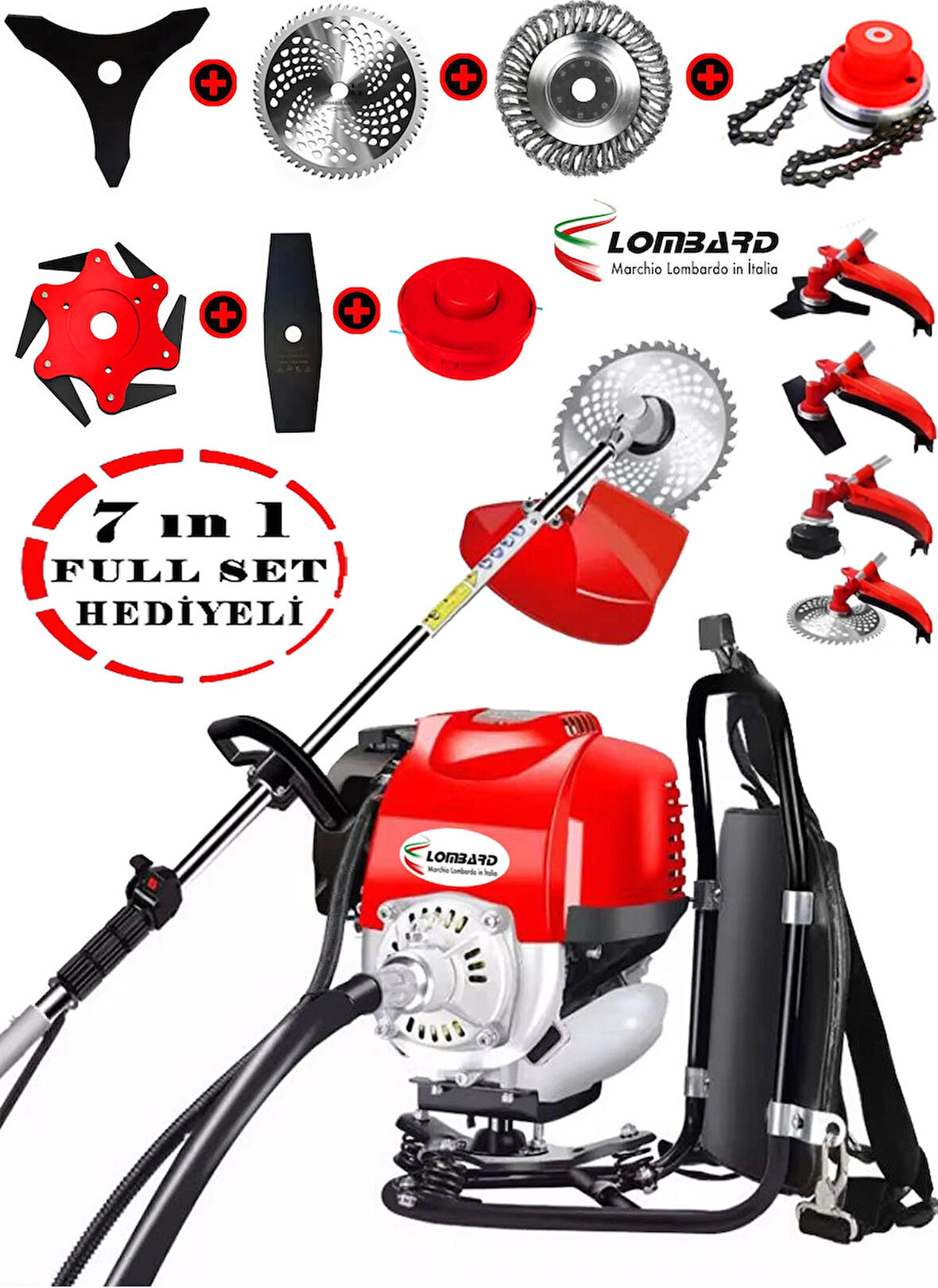 Lombard İtalia LH 556 7 İN 1 Sırt Tipi Benzinli Motorlu Ot Çalı Tırpanı Çim Biçme Canavar Başlık 20 Hp