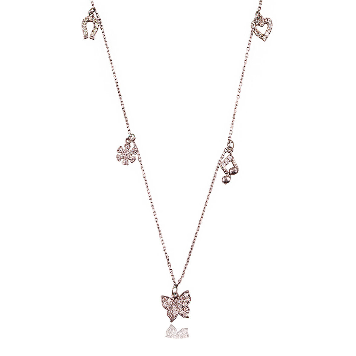 Masaliko Şans Gümüş Kolye Ms3775, 925 Ayar Kadın Gümüş Kolye, Nal, Kutup Yıldızı, Kelebek, Nota, Kalp Kolye