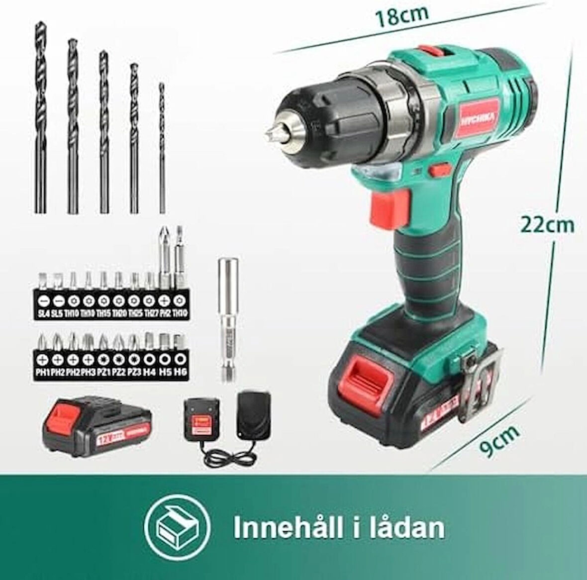 HYCHIKA BETTER TOOLS FOR BETTER LIFE 12 V akülü matkap, maksimum 30 Nm tork, 1,5 Ah akülü, 1 saatte hızlı şarj, 4 adet düz matkap ucu, 6 adet spiral matkap ucu, 6 adet vidalama ucu, 5 adet lokma anahtar ucu, taşıma çantası.