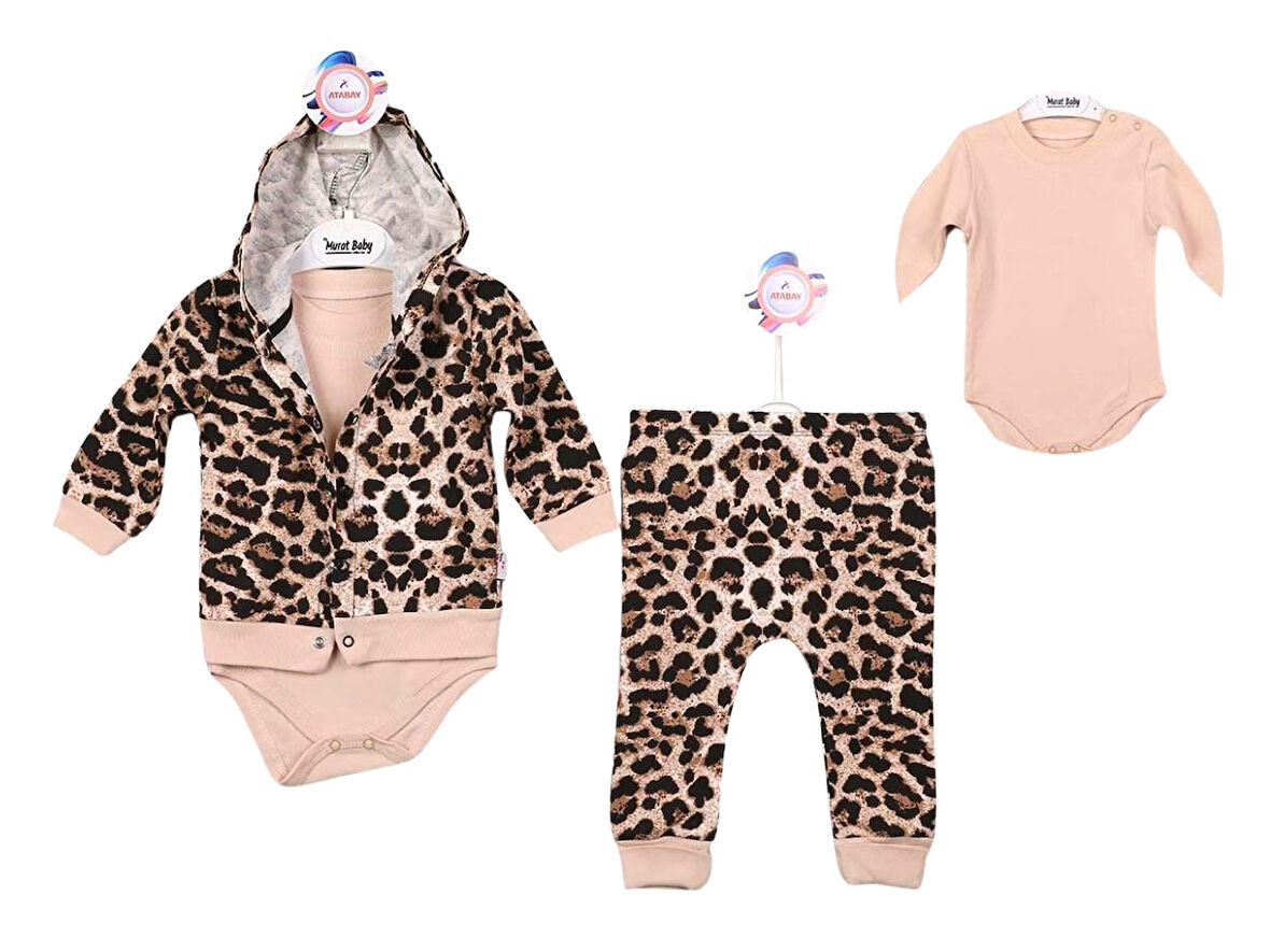 Kız Bebek Takım Leoparlı Kapişonlu Üç Parça