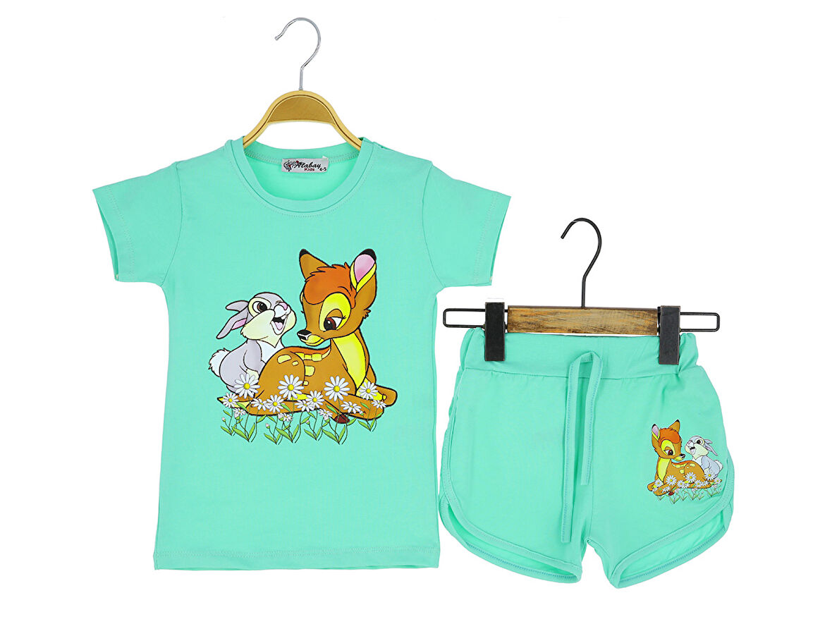 Kız Çocuk Şortlu Takım Tavşan Ceylan Baskılı