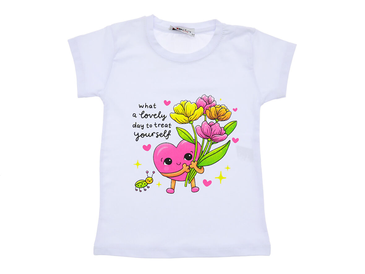Kız Çocuk T-Shirt Kalp Çiçek Baskılı